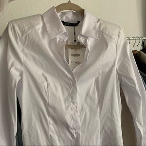 Zara white button up bodysuit with shoulder pads